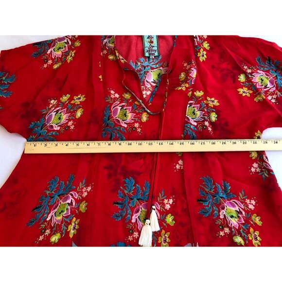 Johnny Was Red Floral Top Drop Tie Tassels Rayon Tunic Boho Women's Medium EUC - Picture 6 of 9